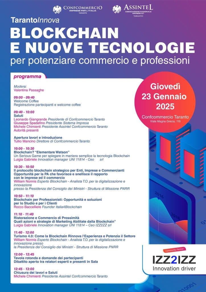 locandina taranto innova blockchain e nuove tecnologie izz2izz confcommercio taranto taranto innova confcommercio assintel izz2izz